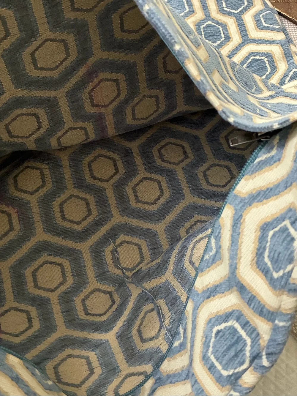 Handmade blue and beige geometric hexagon throw pillow cover 18 x 18“